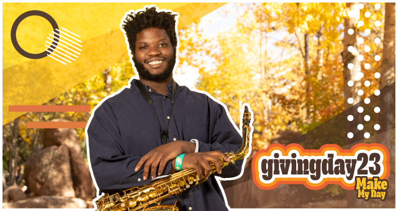 Student with a saxophone and giving day 2023 logo
