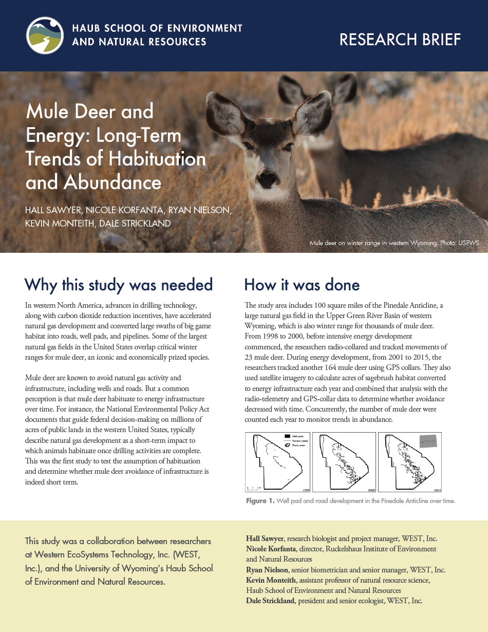 Thumbnail image of research brief cover with words "Mule Deer and Energy Development"