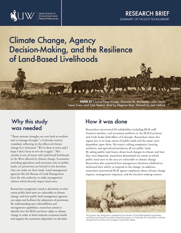 Thumbnail image of research brief cover with words "Climate Change, Agency Decision-Making, and the Resilience of Land-Based Livelihoods"