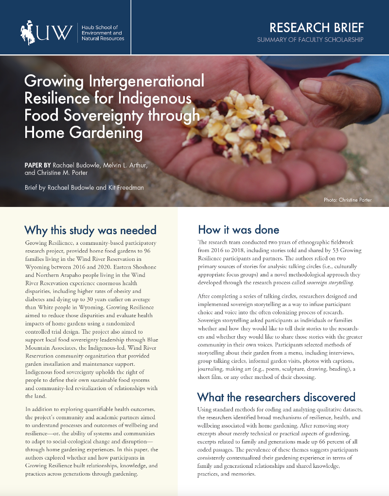  Thumbnail image of research brief cover with words "Growing Intergenerational Resilience for Indigenous Food Sovereignty through Home Gardening"