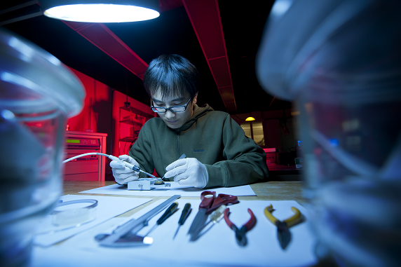 Photo of a man in a lab using a soldering iron with several tools laid out on the table