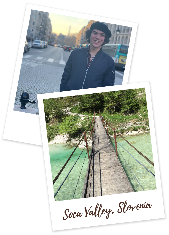 Soca Valley, Slovenia bridge and student posing in France