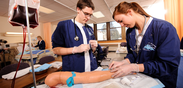 Two students practicing IV's on a prop