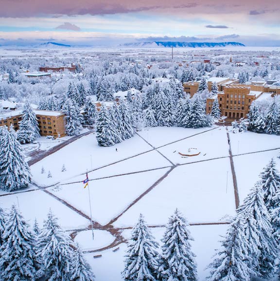 An aerial view of campus after a snow storm