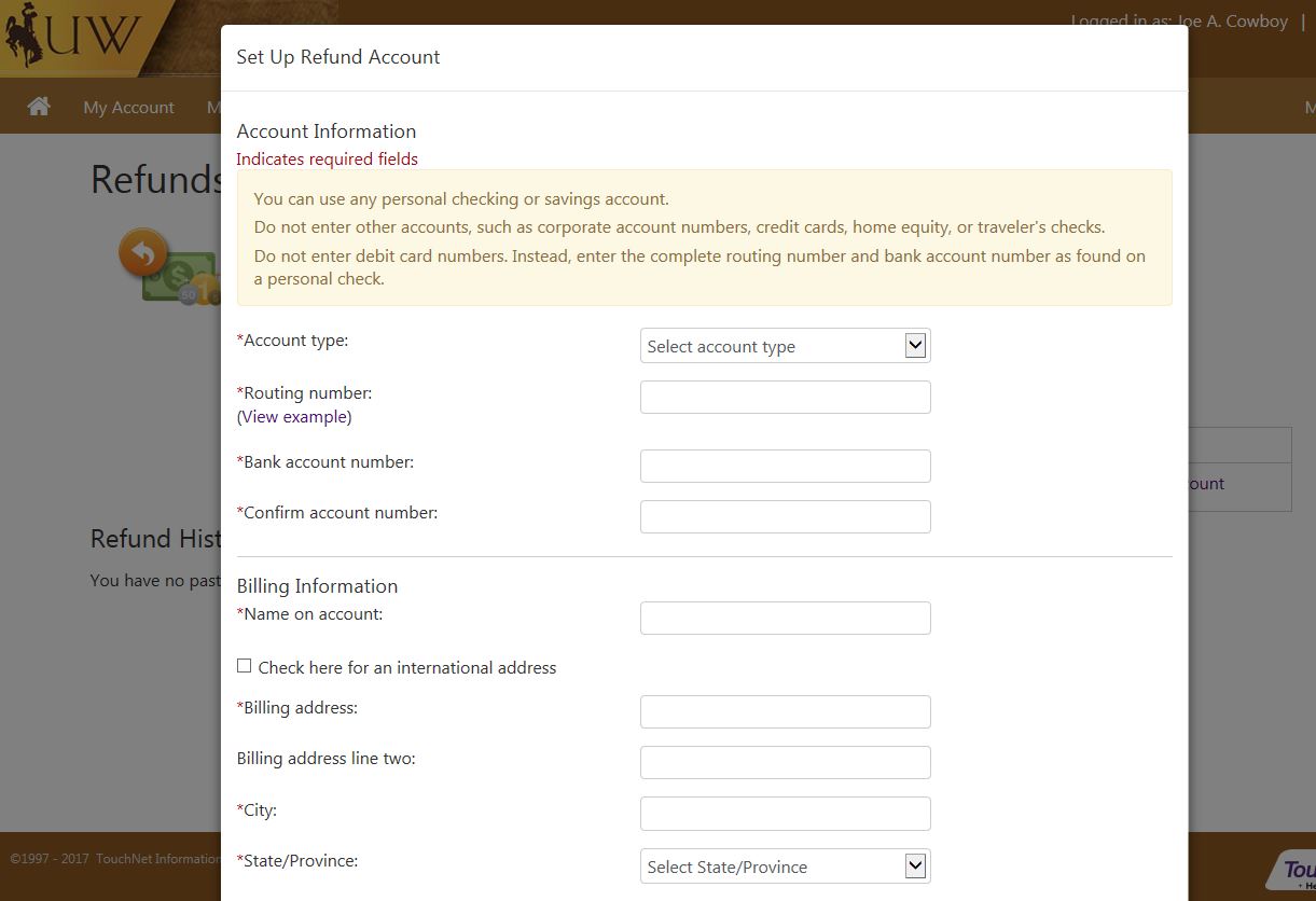 Screenshot of the account information screen in WyoRefunds
