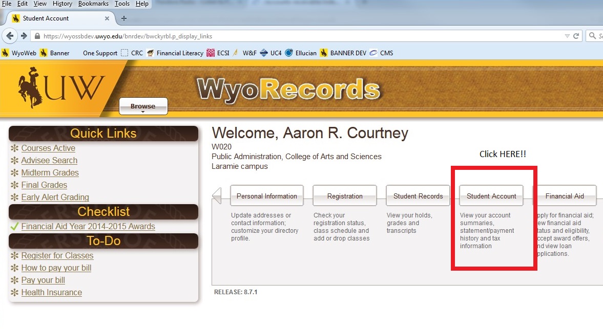 Screenshot of the Student Account tab in WyoRecords
