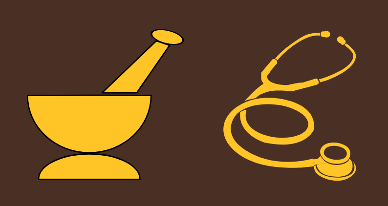 Graphic showing pill grinder bowl and stethoscope