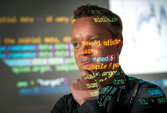 photo of a man with words projected over his face