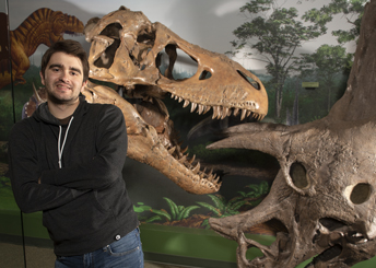person standing in front of dinosaur skulls