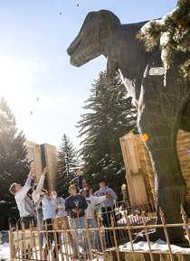 people tossing pinecones at T-Rex statue