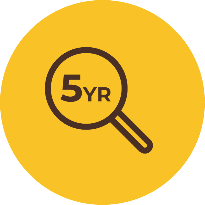 Icon of magnifying glass with 5 yr