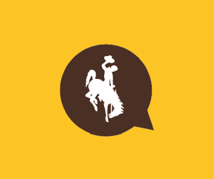 a brown call out icon with a white bucking horse in the center