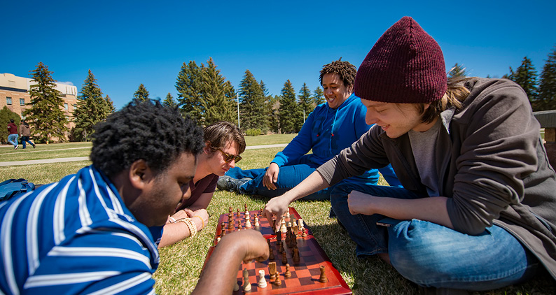 Students playing chess outside on a field