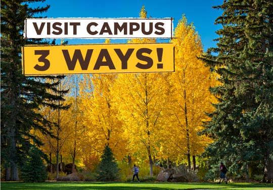 Campus in the fall with the words "Visit Campus 3 Ways!"