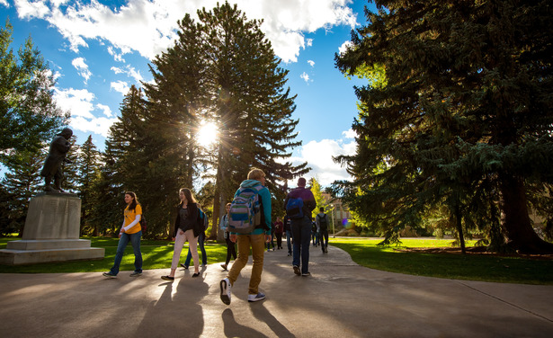 students walk across a sun lit campus