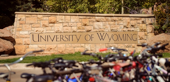 The university of Wyoming name set in pink granite.  