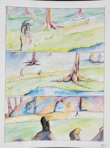 Watercolor monkey and character walking through landscape