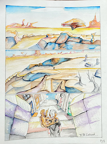 Watercolor barren landscape with monkey on character's shoulder
