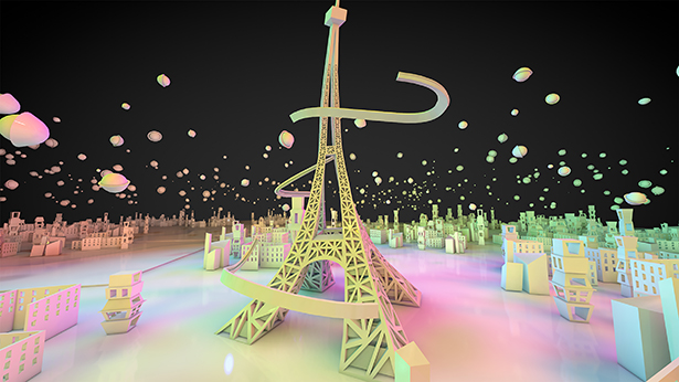 Abstracted Eiffel Tower surrounded by abstract shapes