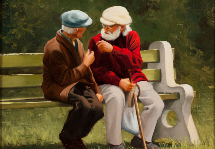 Marilyn Bowles's "The Park Bench Debate," oil paint on canvas
