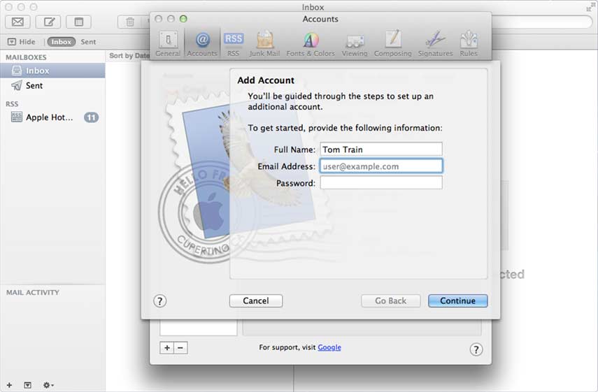 Mail Accounts window