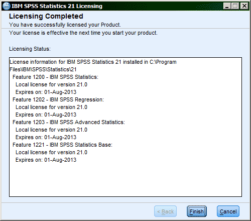License Completed window
