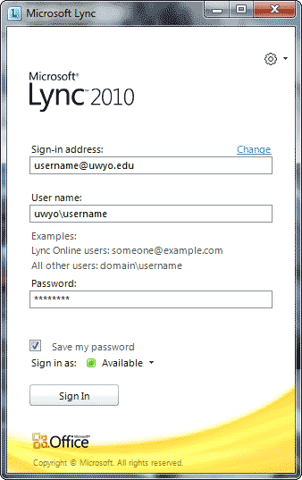 Lync Sign-In window