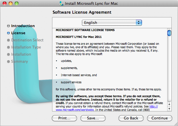 Install Microsoft Lync for Mac window