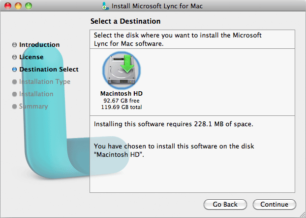 Install Microsoft Lync for Mac window