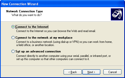 New Connection Wizard "Network Connection Type" window