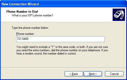 New Connection Wizard "Phone Number to Dial" window