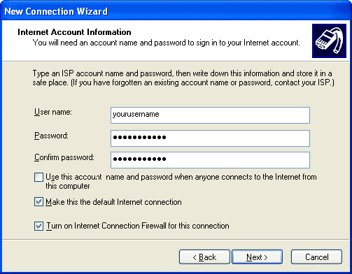 New Connection Wizard "Internet Account Information" window