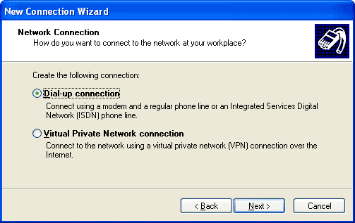 New Connection Wizard "Network Connection" window