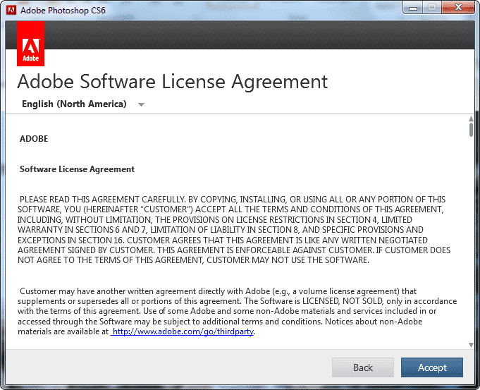 Adobe Software License Agreement window