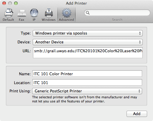 Add Printer window