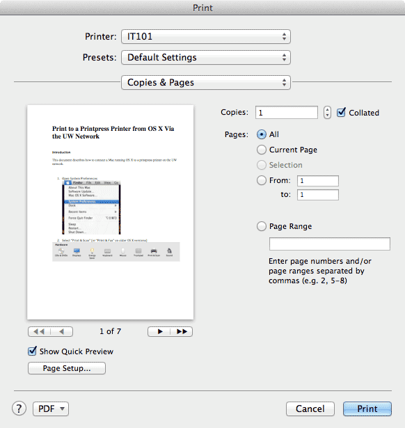 Print Setup window