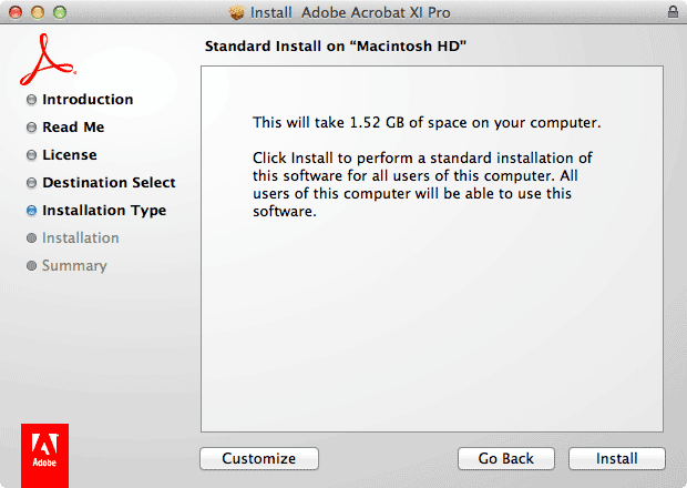 Install Adobe Acrobat XI Pro window
