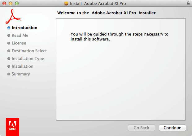 Install Adobe Acrobat XI Pro window