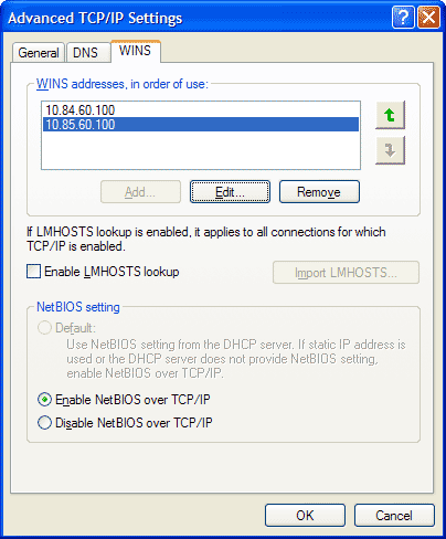 WINS tab, Advanced TCP/IP Settings window