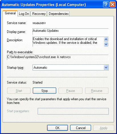 Automatic Updates Properties window, General tab
