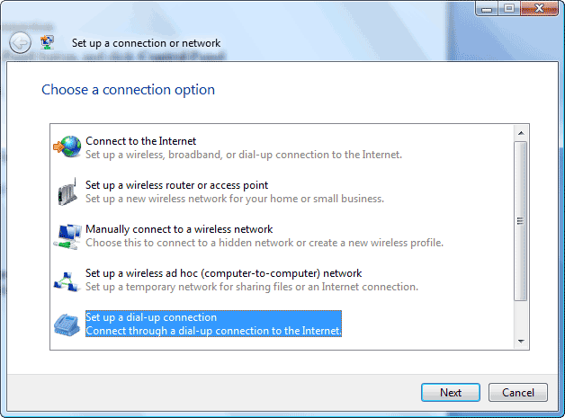 Choose a connection option window