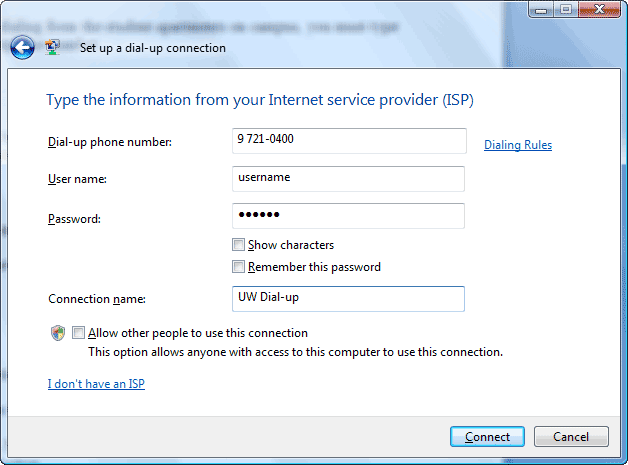 Type the information from your Internet service provider window