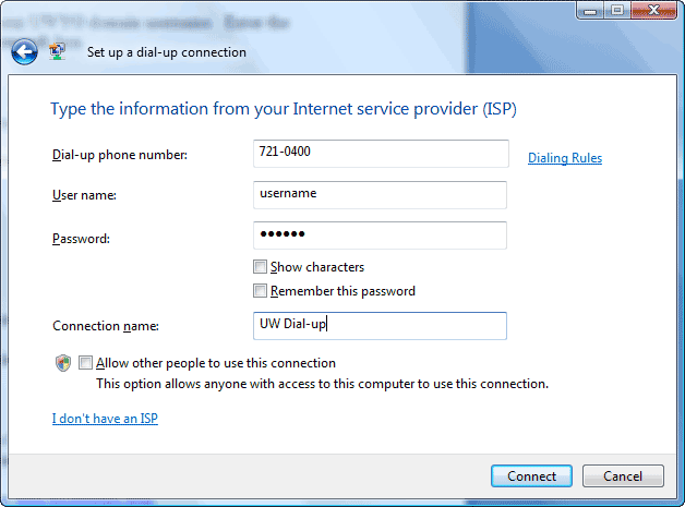 Type the information from your Internet service provider window