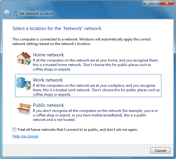 Select Network Location window
