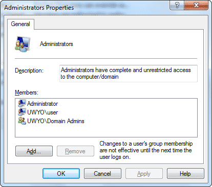 Administrators Properties window