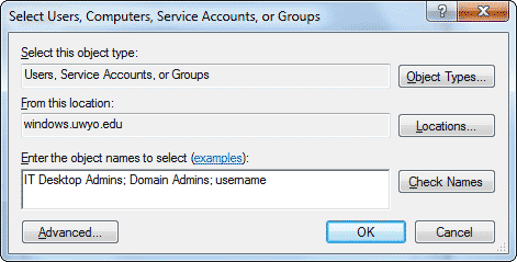 Select Users, Computers, Service Accounts, or Groups window