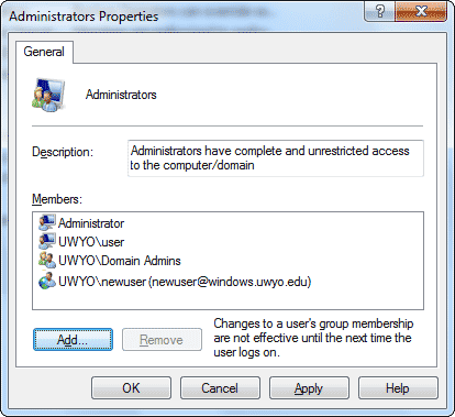 Administrators Properties window