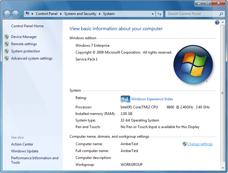Control Panel/System window