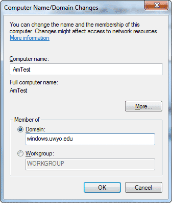 Computer Name/Domain Changes window
