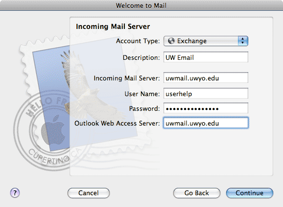 Incoming Mail Server window